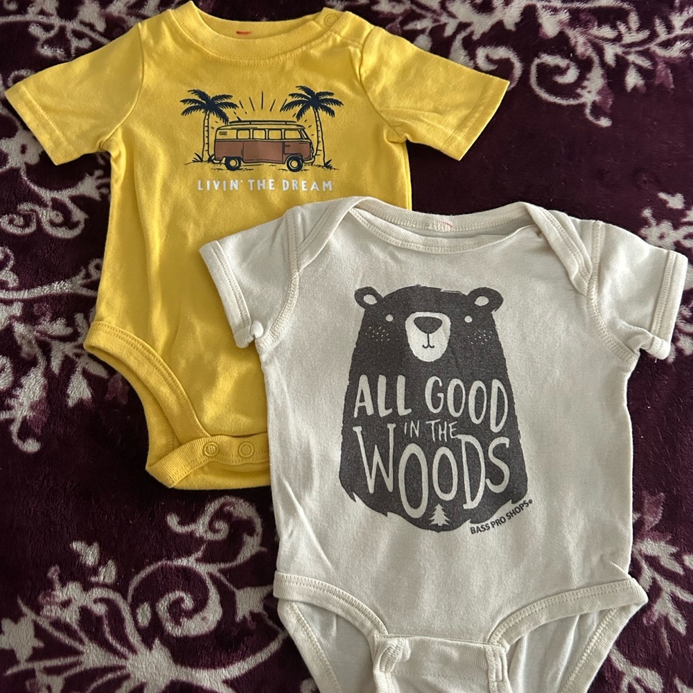 Yellow and White with Playful Designs and all good in the woods bodysuits